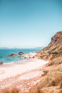 Crique côtière sereine avec des sables dorés, des vagues douces et des falaises escarpées sous un ciel bleu clair.