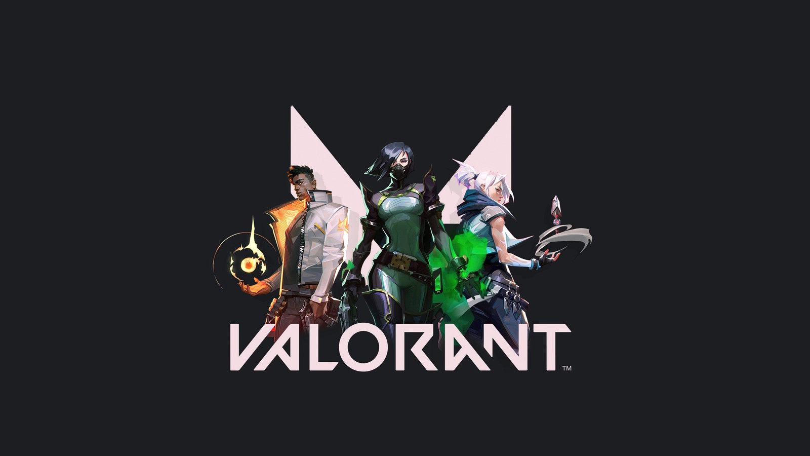 Valorant logo with a group of characters standing in front of it (valorant, viper, jett, phoenix, characters)