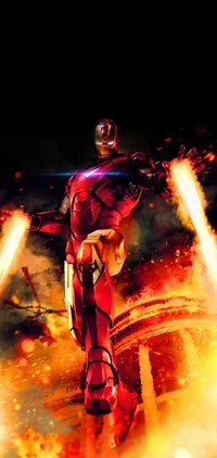 Iron Man en acción en medio del caos ardiente, personificando fuerza y heroísmo en un estilo de dibujo animado dinámico.