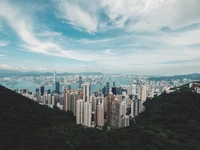 Vista panorâmica do horizonte de Hong Kong do Pico Victoria em um dia claro, exibindo arranha-céus urbanos contra um fundo de céu azul e vegetação exuberante.