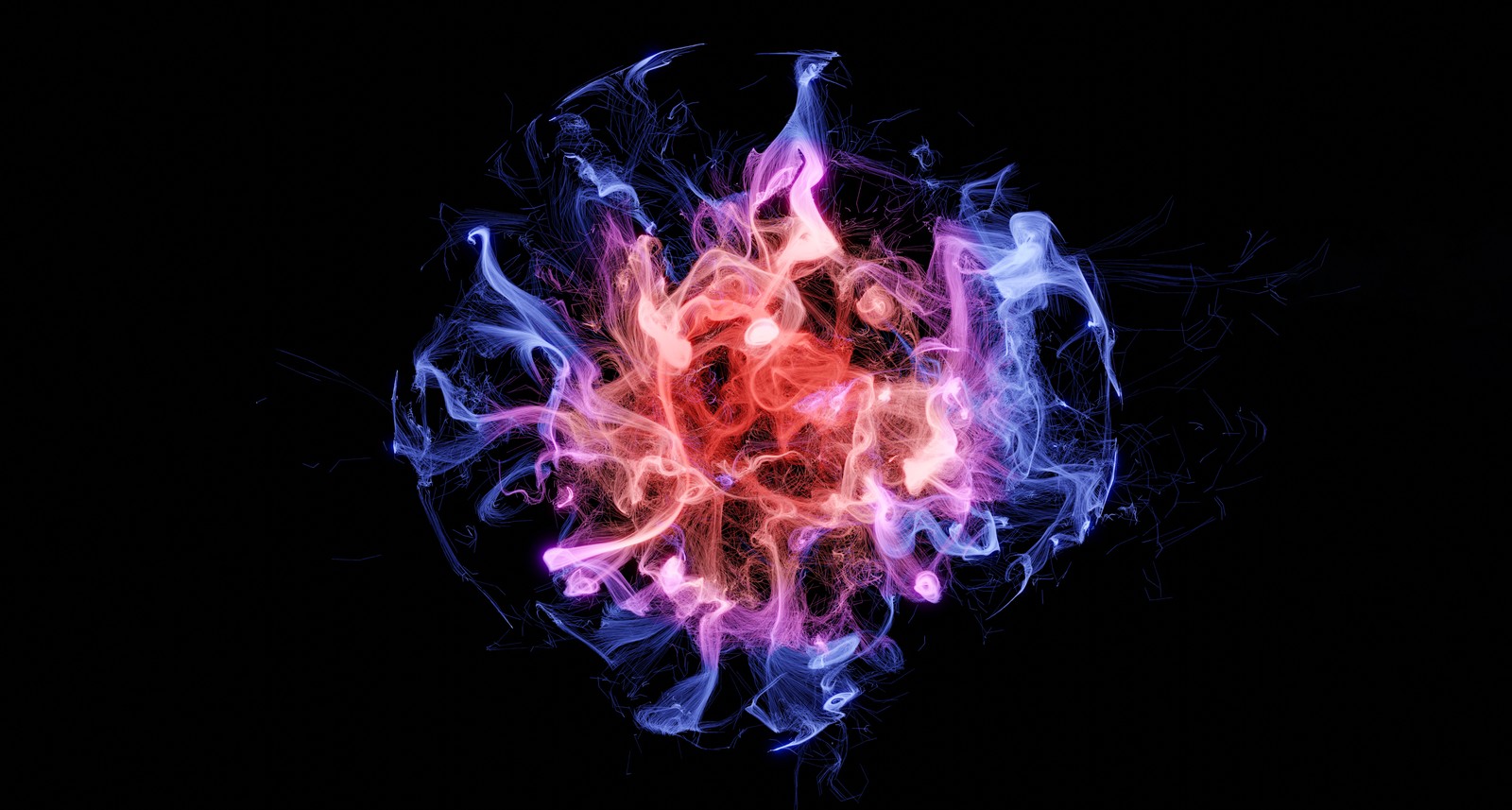 A close up of a pink and blue smoke on a black background (colorful smoke, black background, explosion, contained, experiment)