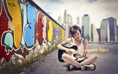 guitare, assis, génial, graffiti, femme