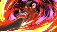 Tanjiro Kamado unleashes the Dance of the Fire God with a fiery katana in an intense anime battle scene.