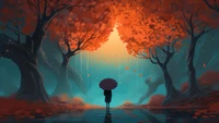 walking, alone, raining, forest, tree wallpaper