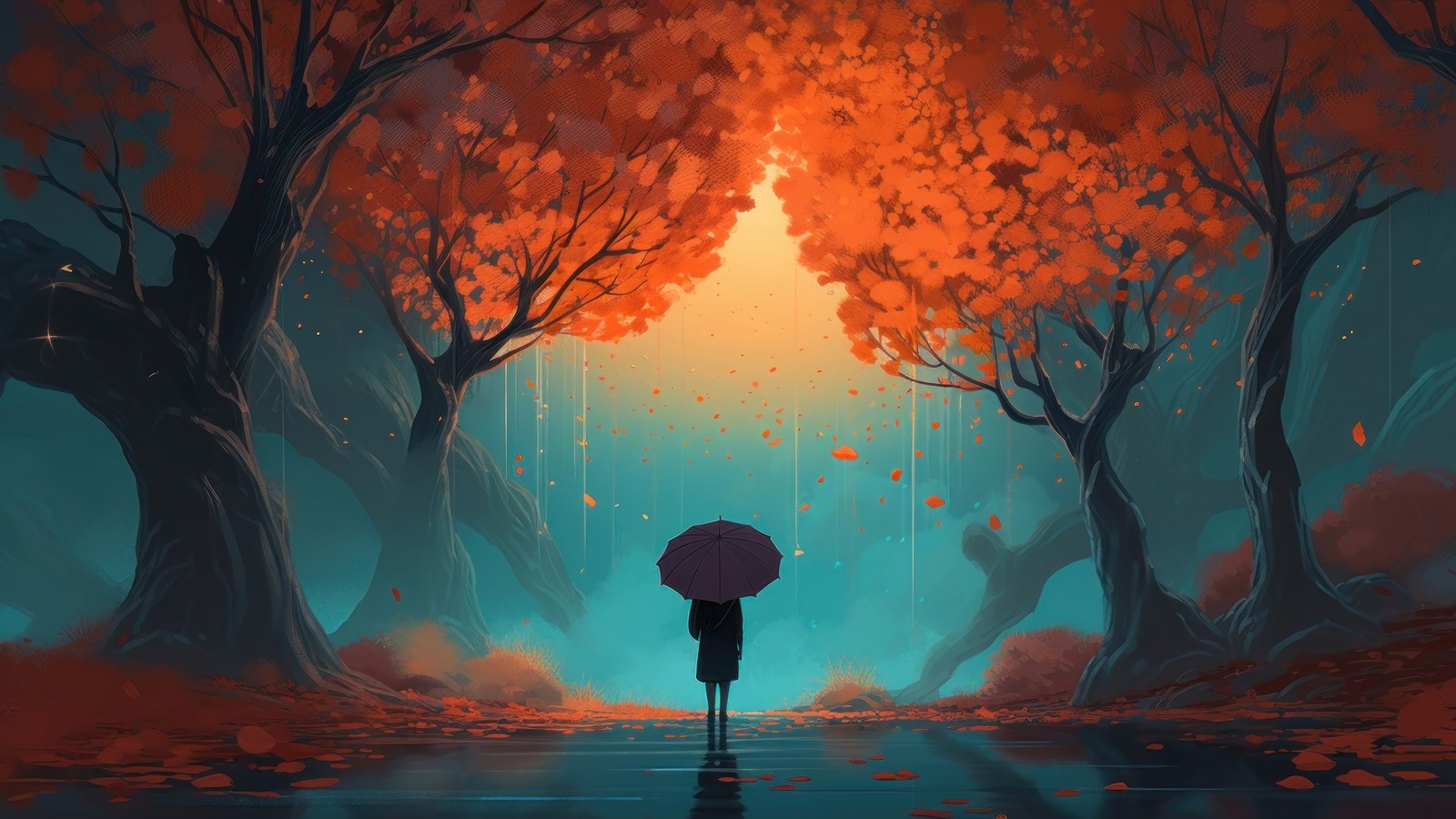 A person with an umbrella standing in the middle of a forest (walking, alone, raining, forest, tree)