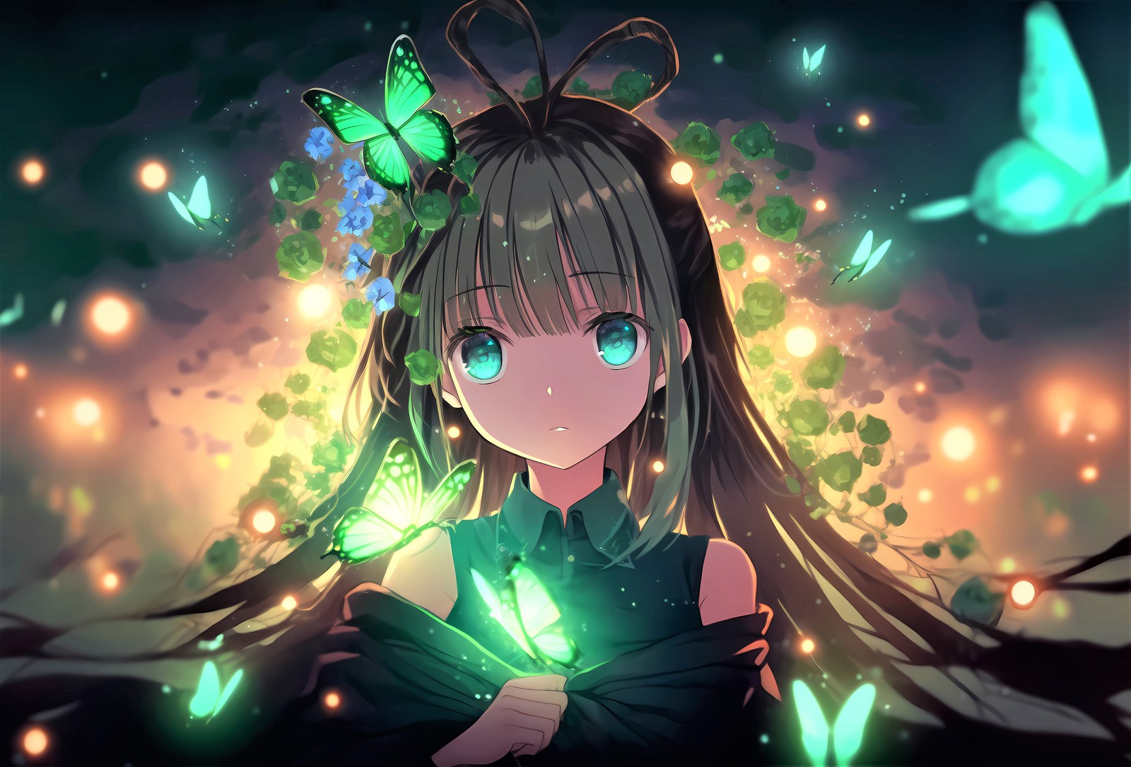 anime girl, green eyes, girly backgrounds, surreal, fairy wallpaper