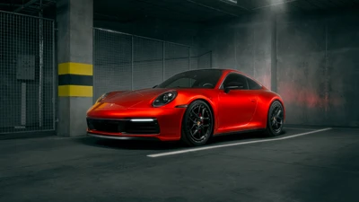 Superbe Porsche 911 Carrera S rouge dans un cadre de garage moderne