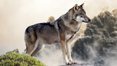 Majestätischer Wolf, der auf felsigem Terrain steht