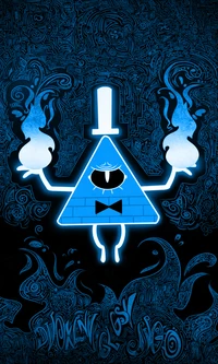 Bill Cipher brilhando em azul com elementos místicos