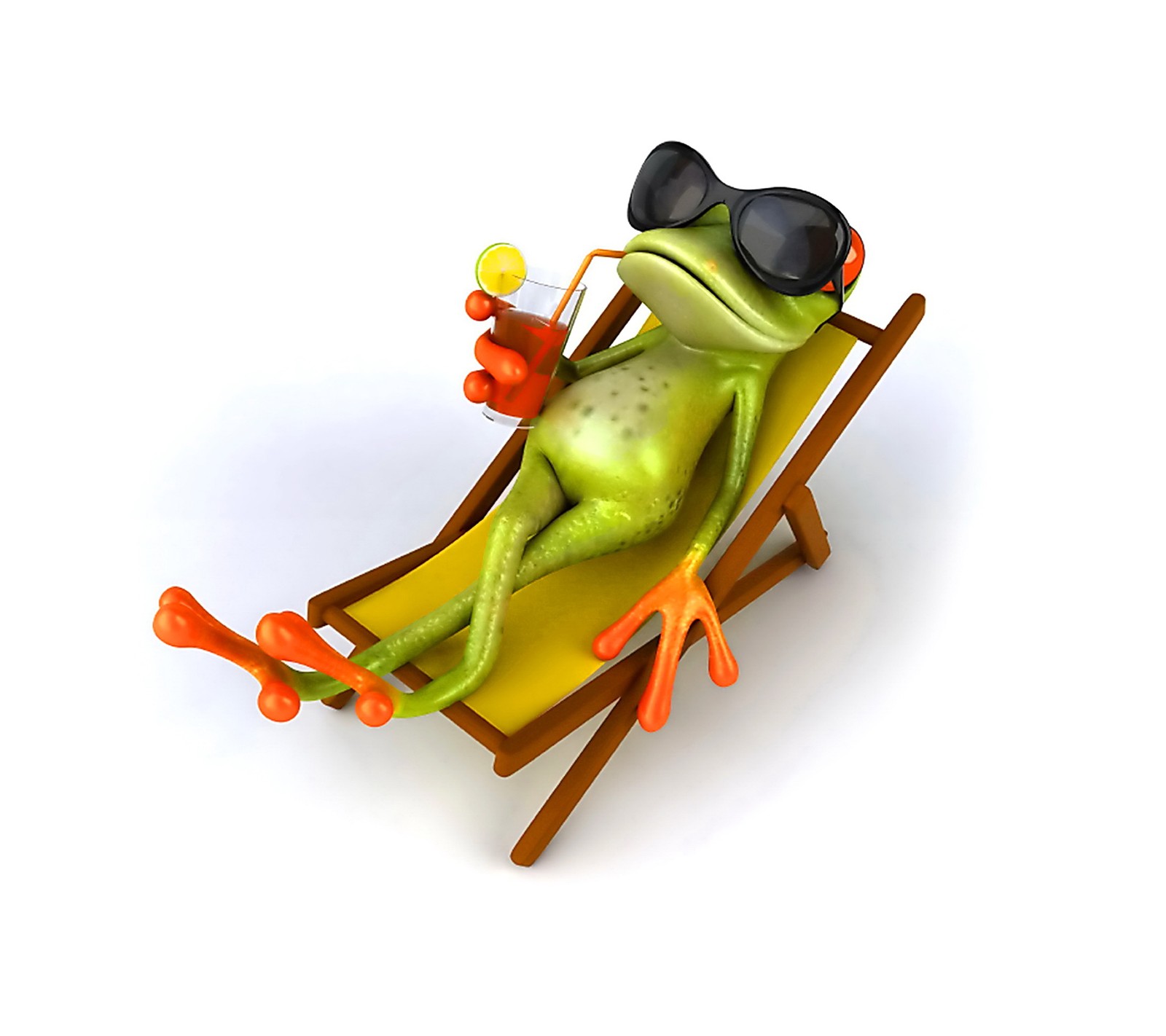 Araffe frog sitting on a deck chair with a drink and sunglasses (3d, frog, funny, relax)