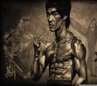 Representação poderosa de Bruce Lee em uma pose dinâmica, mostrando sua destreza em artes marciais e intensidade.