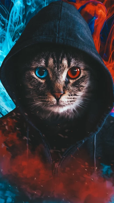 Gato colorido com máscara com capuz cercado por fumaça dramática