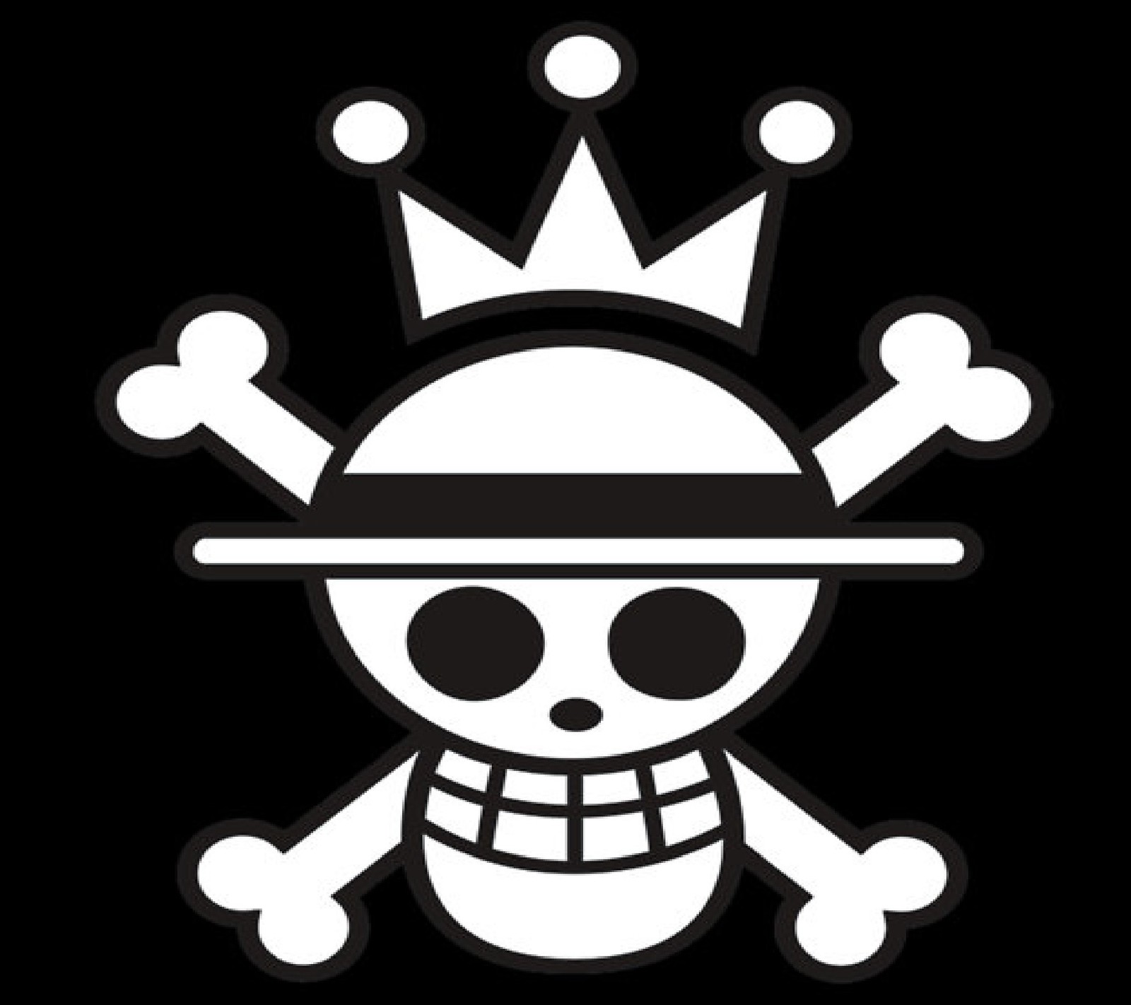 Uma imagem em preto e branco de um crânio com uma coroa (anime, jolly roger, one piece)