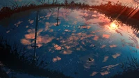 Anime Scenery: Serene Reflection of Sky and Swords in Water