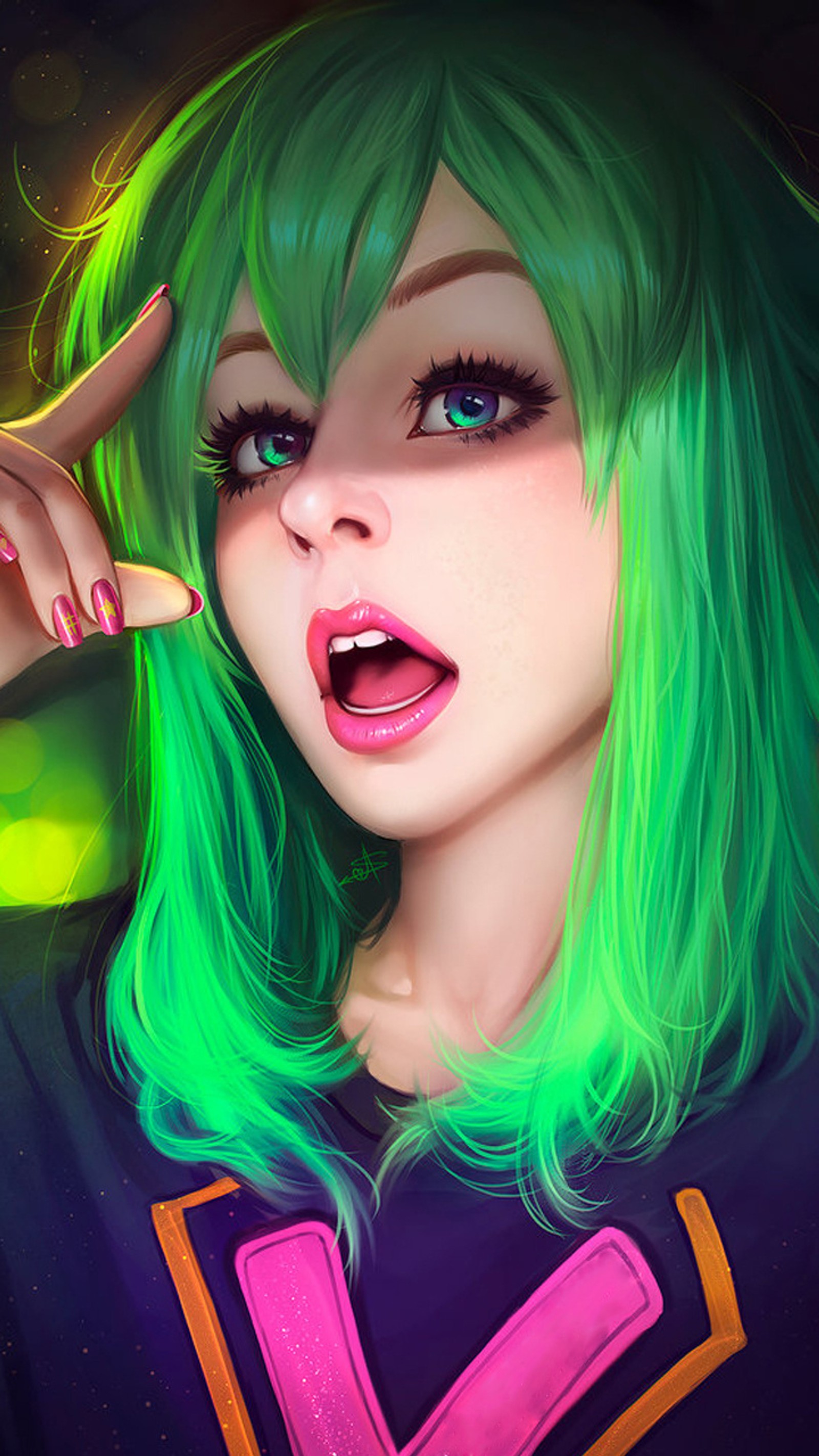 Chica de anime con cabello verde y ojos verdes con una manzana verde (anime, chica de anime, felix, orión, orion)