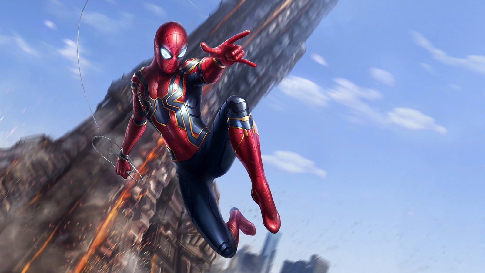 Spider-man en costume volant dans les airs avec une ville en arrière-plan (génial, infini, nanosuit, spiderman, guerres)