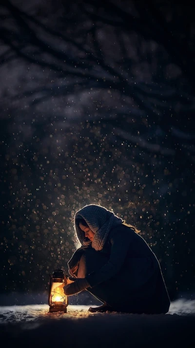 Illuminated Solitude: A Figure with a Lantern in a Snowy Landscape