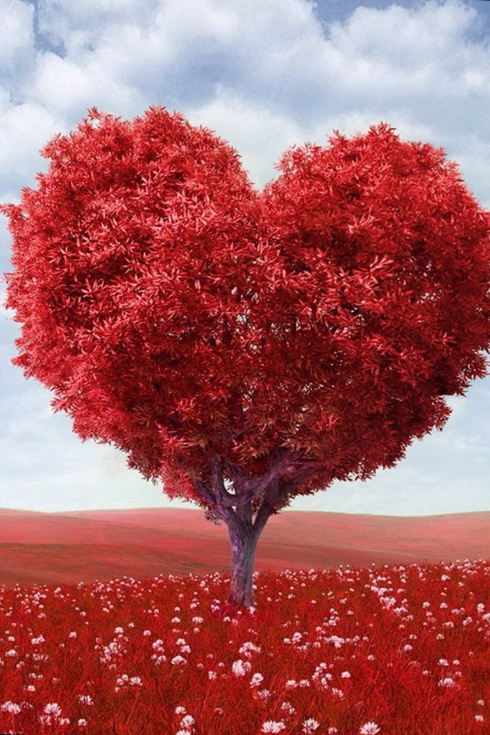 Une peinture d'un arbre en forme de cœur dans un champ de fleurs (amour, rouge, arbre)