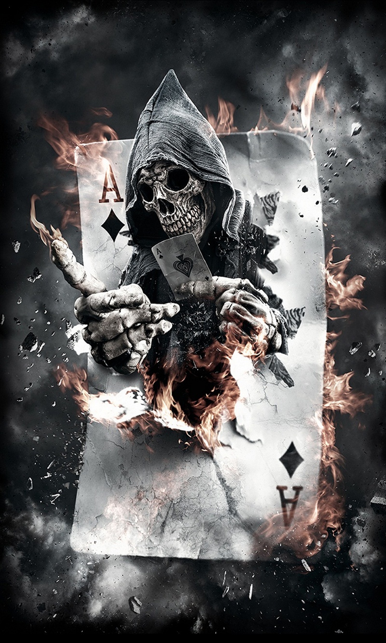 Arafed image of a skeleton playing cards with flames (attitude, card, come and play, cool, grim)