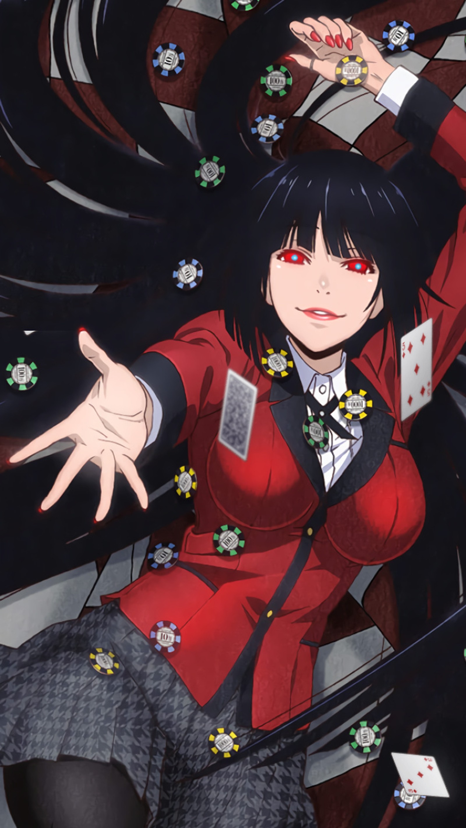 Fille anime avec des cheveux noirs et des yeux rouges assise sur une chaise (anime, cartes, fille, jabami, kakegurui)