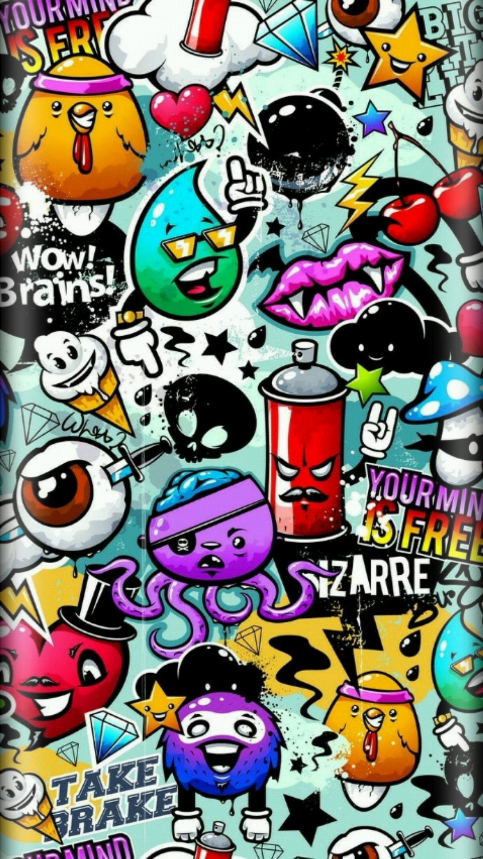 A close up of a cell phone case with a bunch of cartoon characters (art, artist, brand, bud, graffiti)