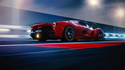 LaFerrari en movimiento: un supercoche rojo corriendo hacia la noche