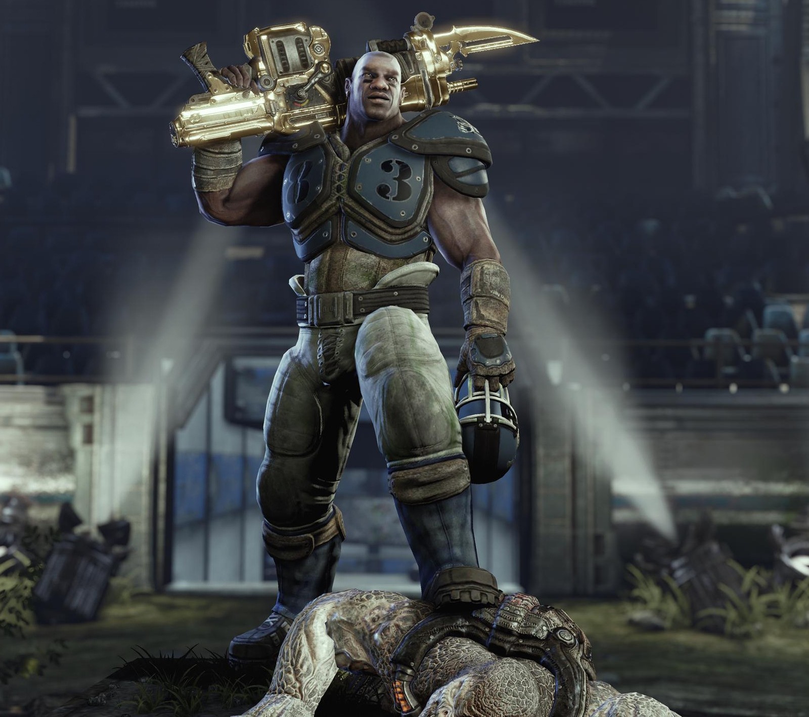 A close up of a person holding a gun on a body of water (gears, of, war)