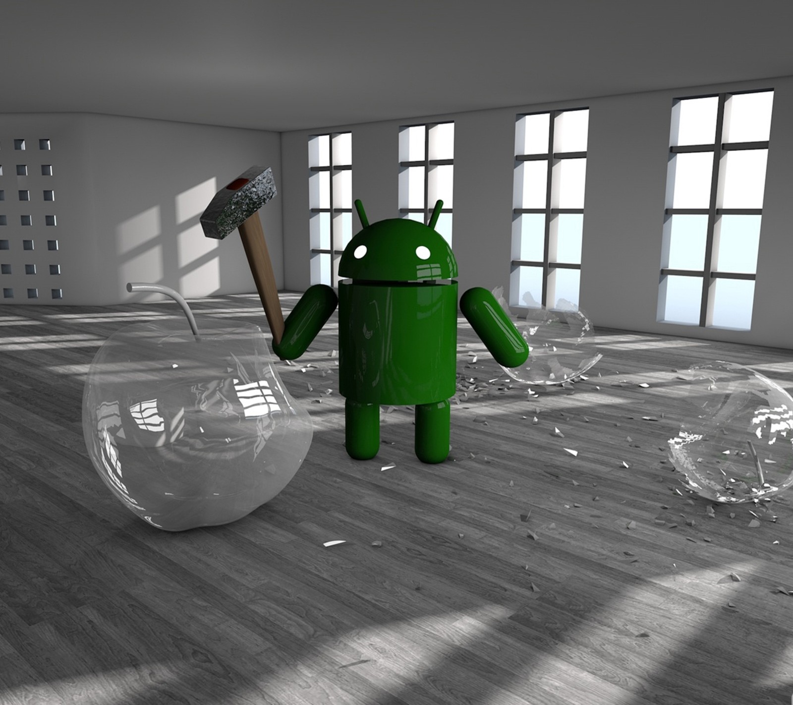 Um robô verde em pé em uma sala com um martelo (3d, android, maçã, droide, ios)