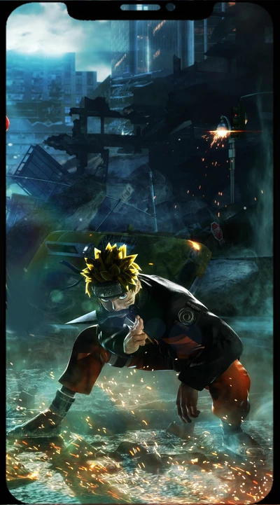 Naruto in a dynamic pose amidst a chaotic, ruined landscape, showcasing a striking 3D effect.