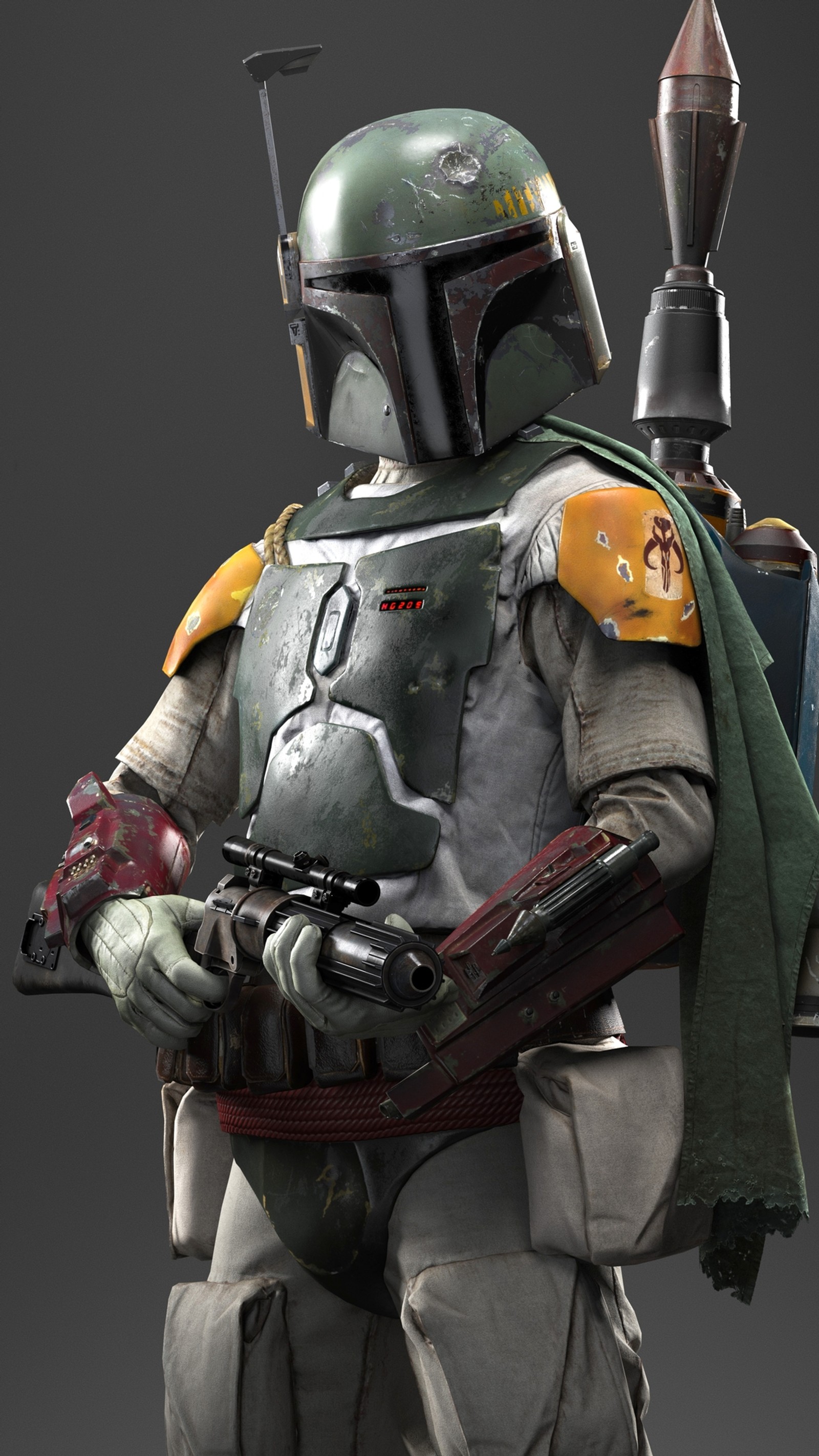 Gros plan de boba fett avec une arme et un casque (1080x1920, boba fett, star wars)