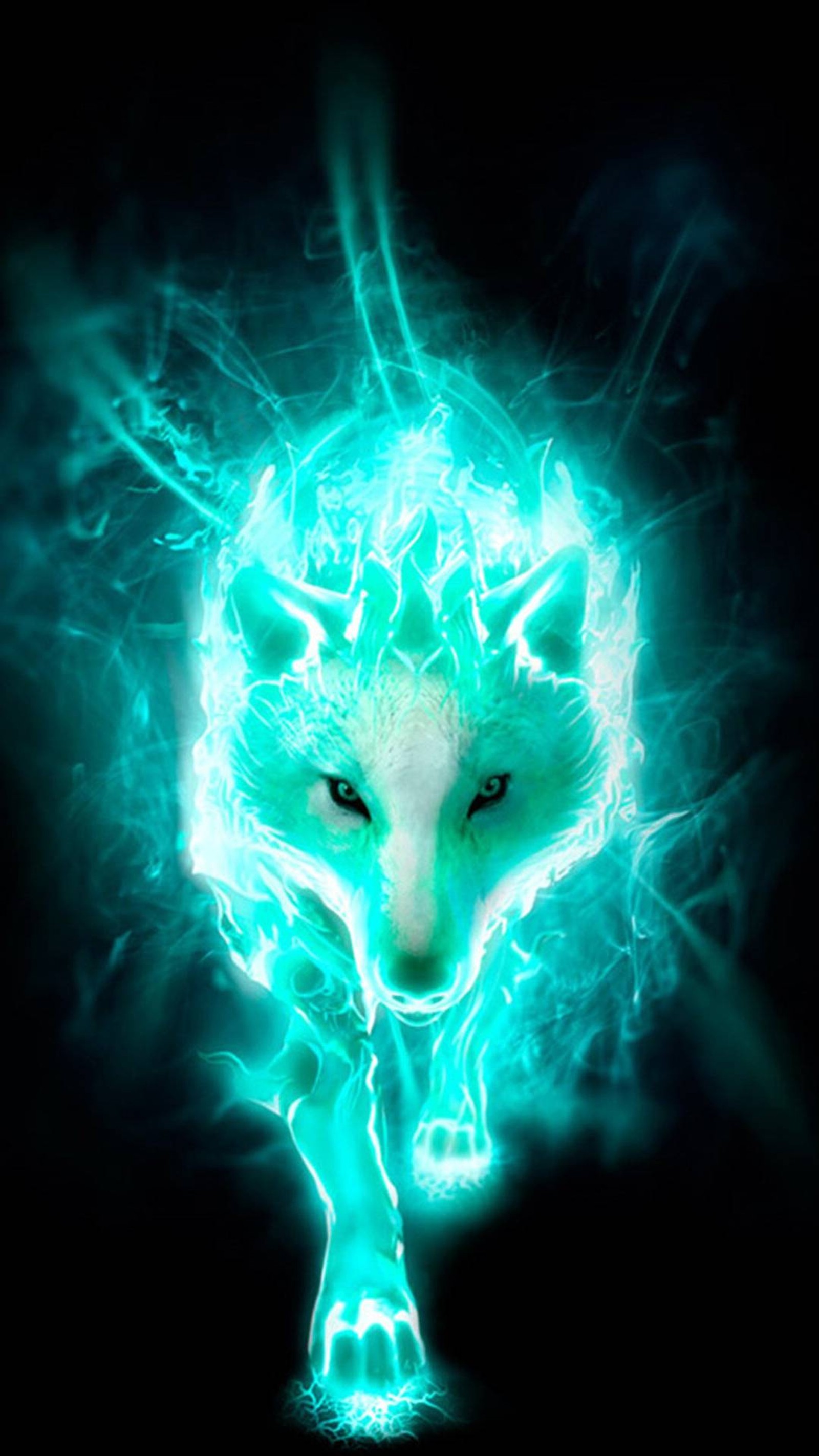 A close up of a white wolf with blue flames in its eyes (blue, wolf)