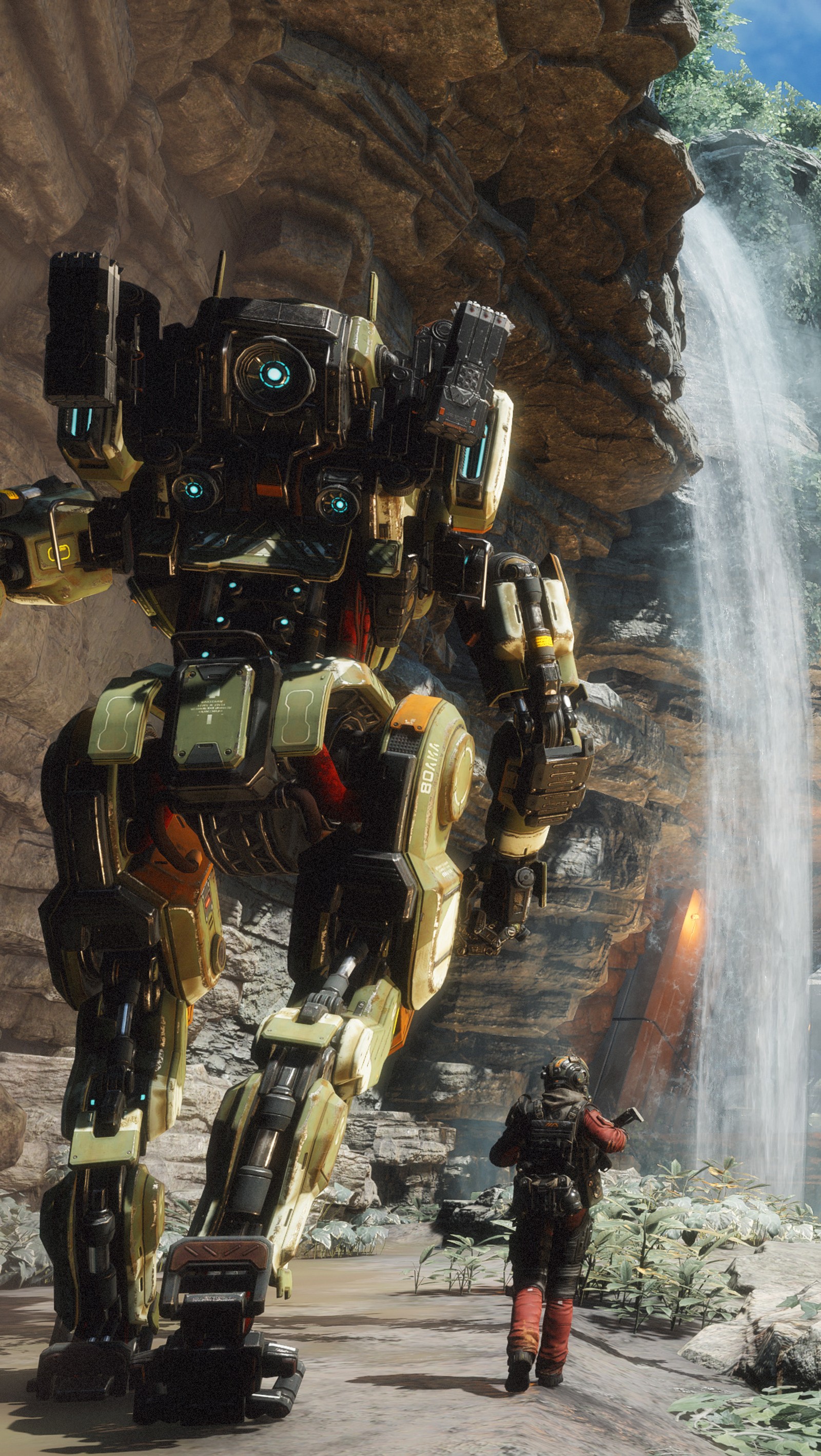 There is a robot that is standing next to a waterfall (anime, video game)