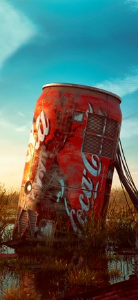 Lata de Coca-Cola abandonada em uma paisagem distópica