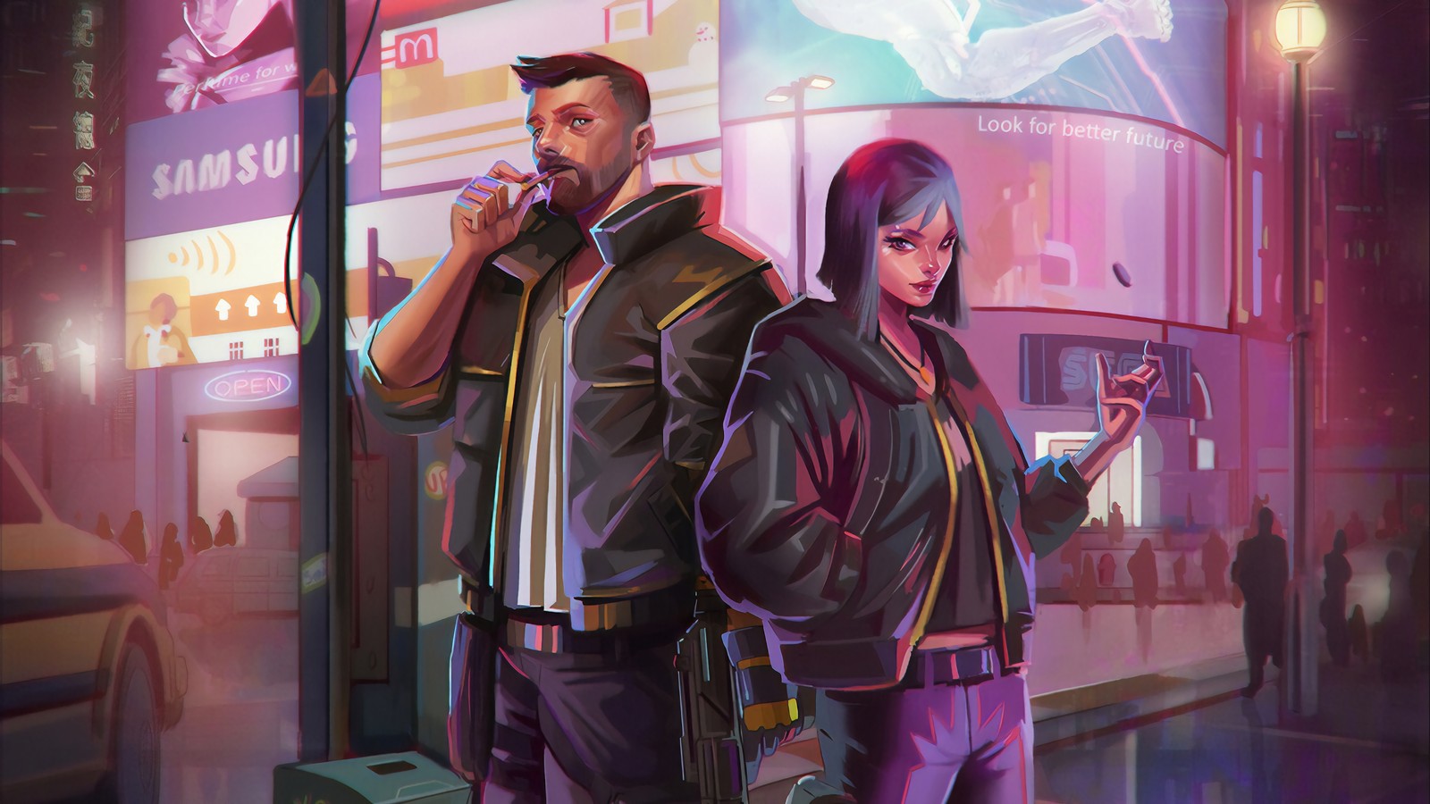 Пара людей стоит на городской улице ночью (cyberpunk 2077, видеоигра, v, персонаж)