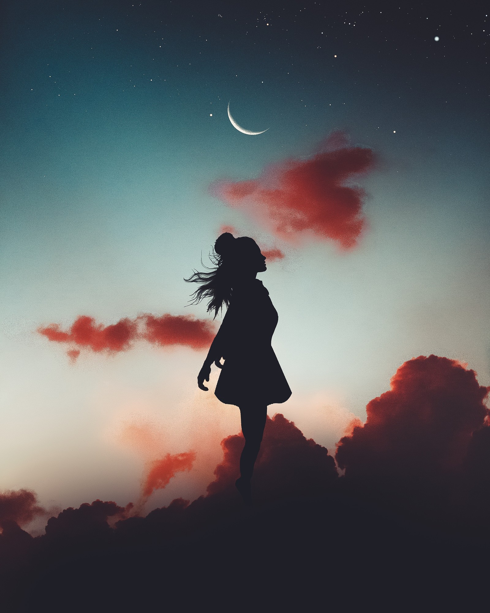 Silhouette of a woman standing on a hill with a crescent in the sky (girl, mood, silhouette, evening sky, crescent moon)