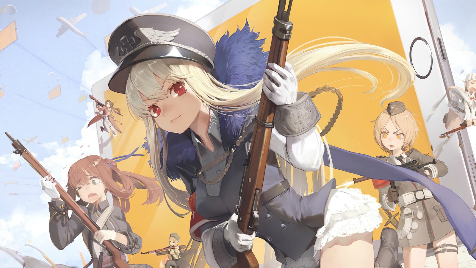 Un groupe de personnages anime avec des armes à feu et des chapeaux sur un fond jaune (anime, girls frontline, jeu vidéo, filles danime, kar98k)