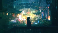 Chat serein surplombant un paysage urbain néon la nuit