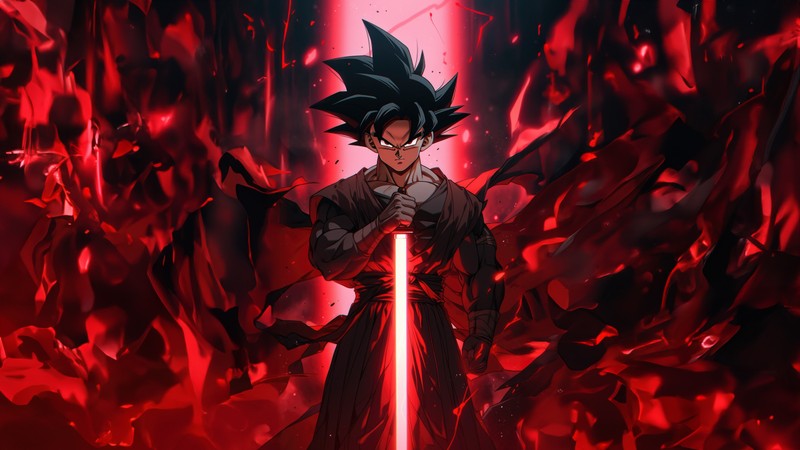 Молодой гоку стоит перед красным фоном с мечом. (гоку черный, goku black, супер сайян роза, световой меч, lightsaber)