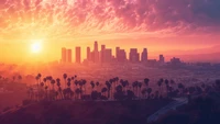 Lebendiger Sonnenuntergang über der Skyline von Los Angeles mit Palmen