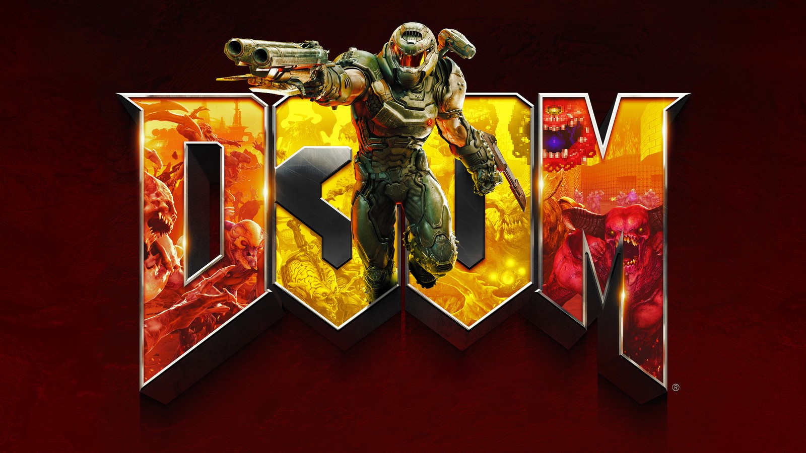 A red background with a logo for the video game doom (doom, anniversary, doom slayer, games, 4k wallpaper)