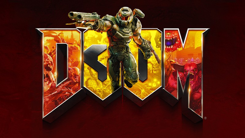 Красный фон с логотипом видеоигры doom (дум, годовщина, убийца демонов, игры, обои 4k)