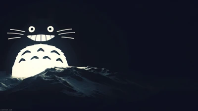 Totoro-Silhouette vor einer dunklen Berglandschaft