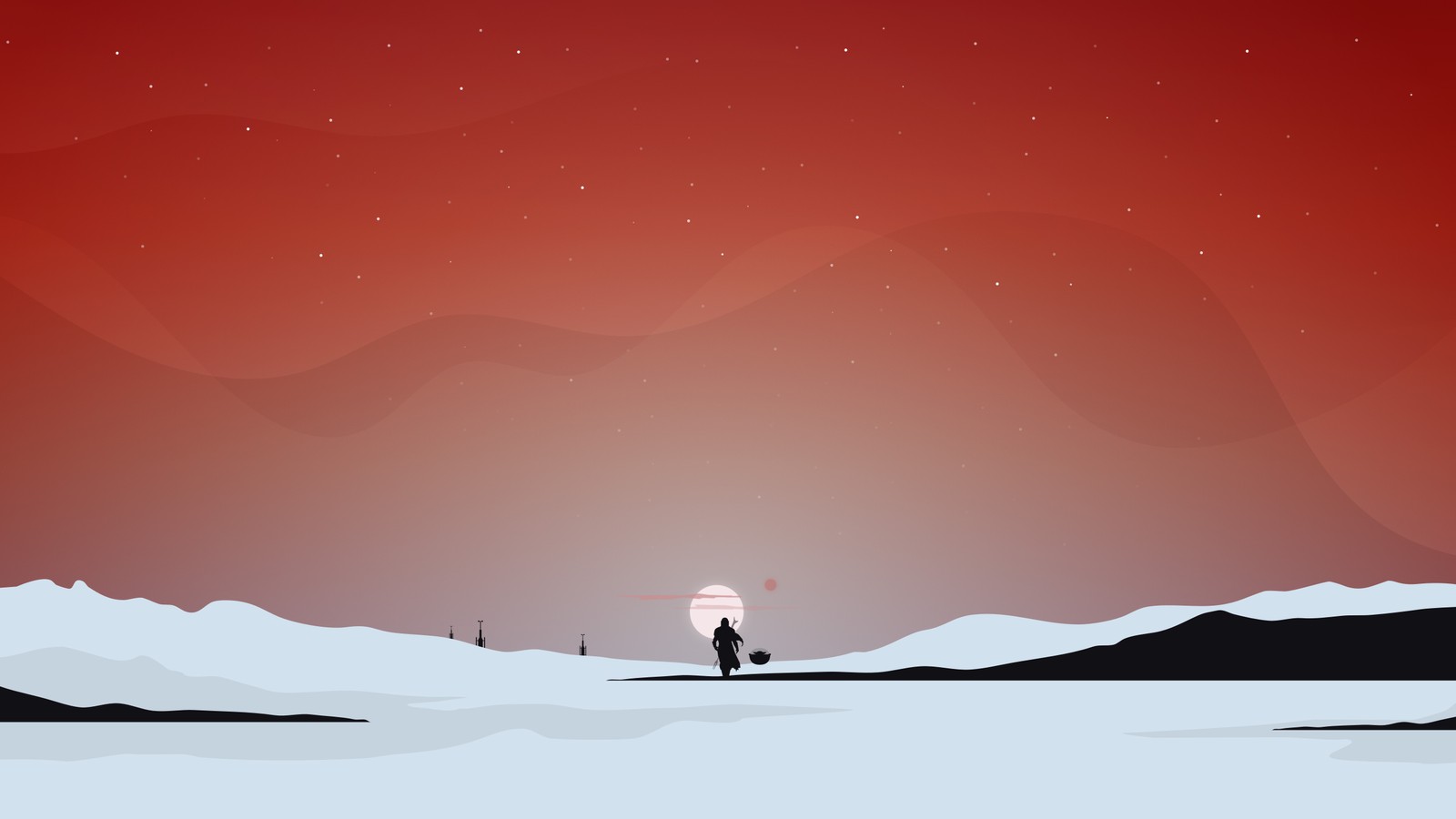 Um homem caminhando por um campo coberto de neve à noite (atmosfera, televisão, ambiente natural, ilustração, vermelho)