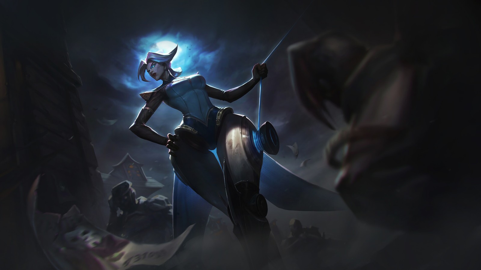 Une femme en tenue bleue tenant une épée dans une pièce sombre (camille, lol, league of legends, jeu vidéo)