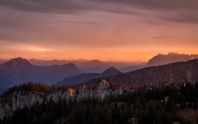 alpenglow, lever de soleil, chaîne de montagnes, montagnes glaciaires, arbres verts