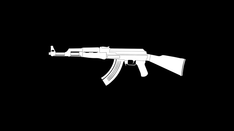 Белый автомат калашникова на черном фоне (оружие, огнестрельное оружие, винтовка, штурмовая винтовка, триггер)