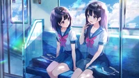 Two cute anime girls in school uniforms sitting together on a train, sharing a moment of conversation against a backdrop of a bright, scenic sky.