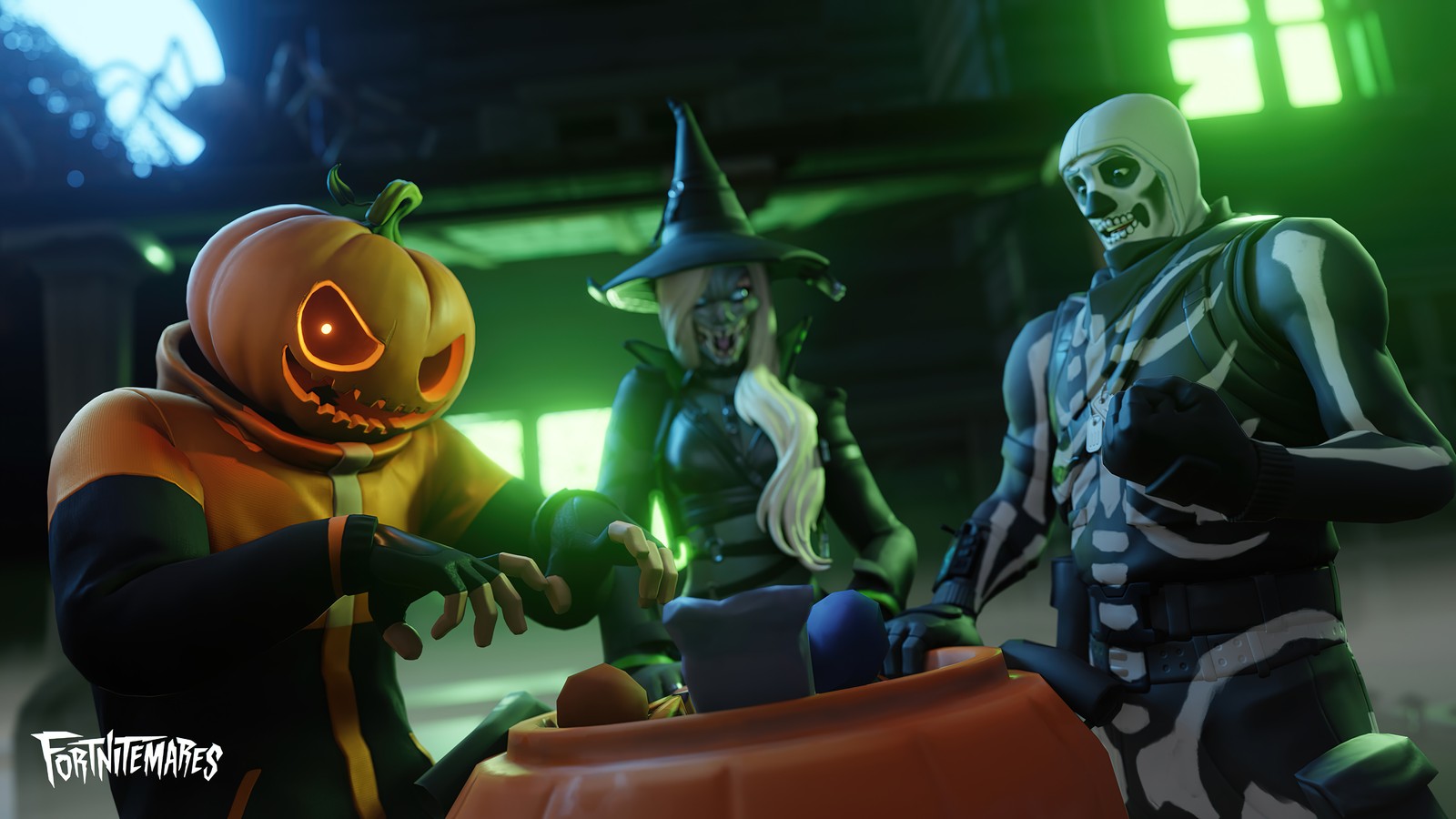 Eine gruppe von animierten charakteren, die in halloween-kostümen gekleidet sind (fortnite, battle royale, videospiel, halloween, fortnitemares)