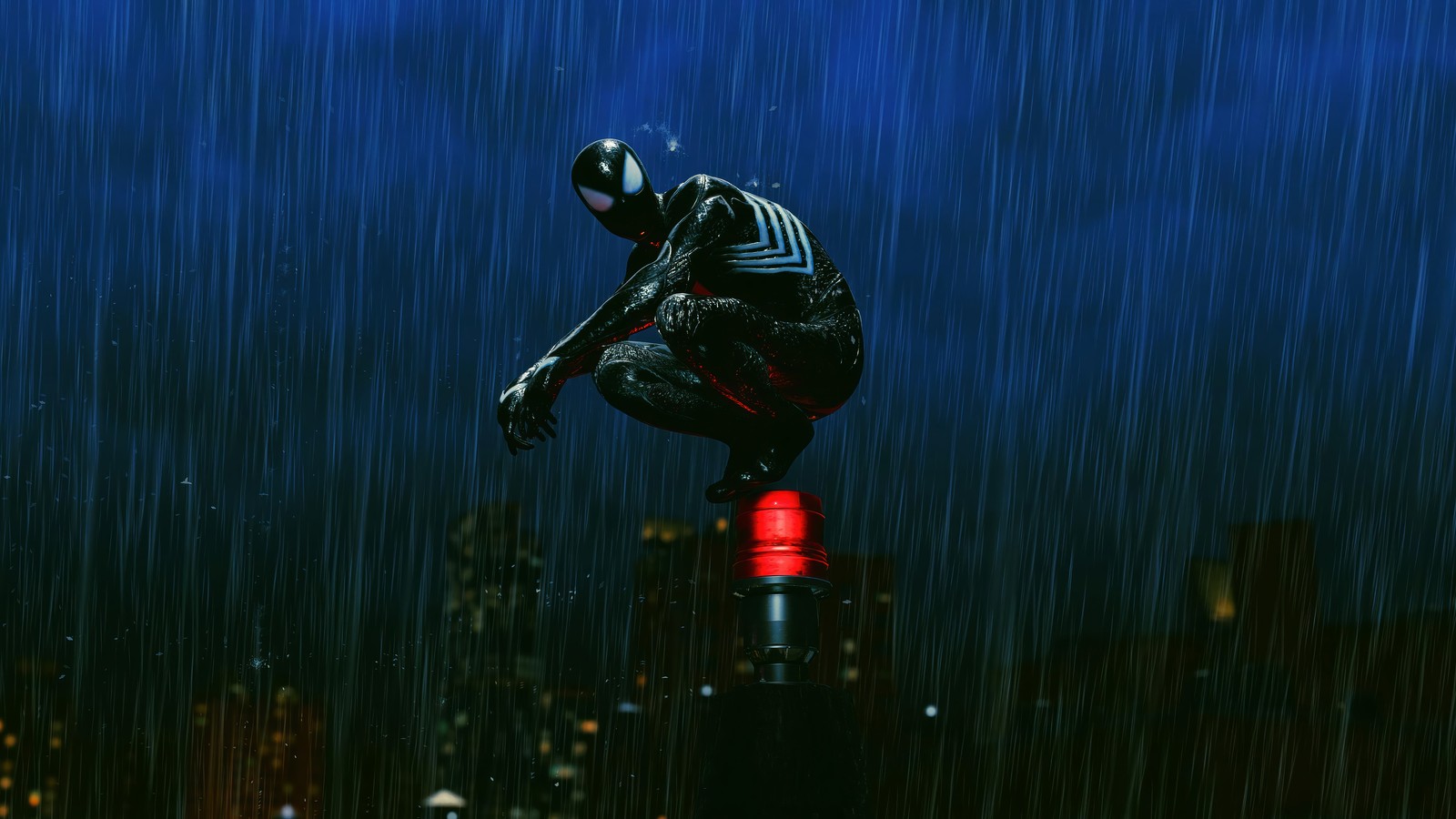 L'homme araignée sous la pluie dans une rue de la ville la nuit (marvel spider man 2, marvels spider man 2, jeu vidéo, marvel, spider man)