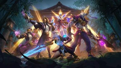 Campeones épicos de League of Legends: Riven, Lucian, Nasus, Lee Sin y Morgana en una Arena Mística